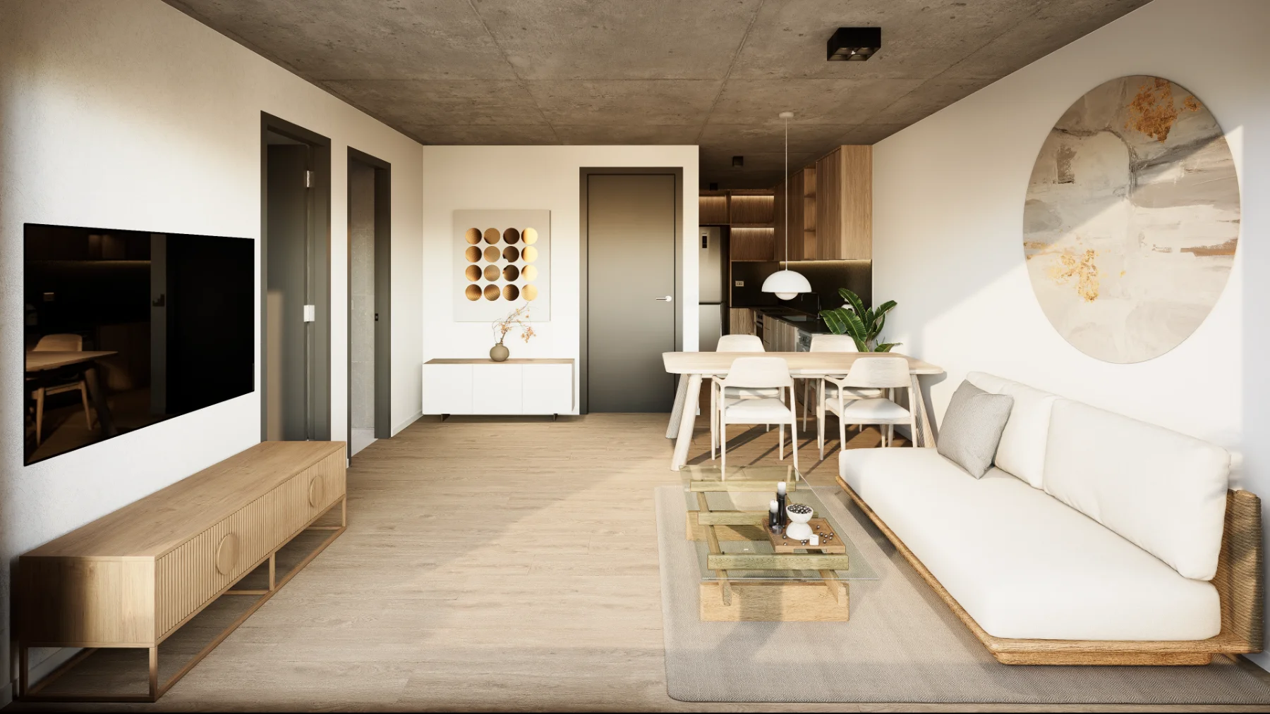Living comedor integrado con cocina y luz natural